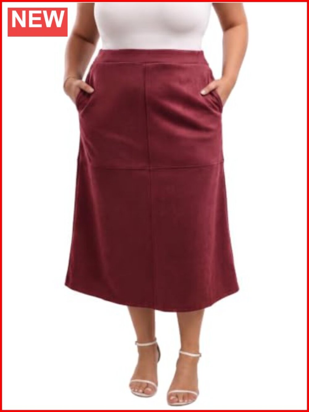 Plus Size Faux Suede A-Line High Waist Midi Skirt with Pockets